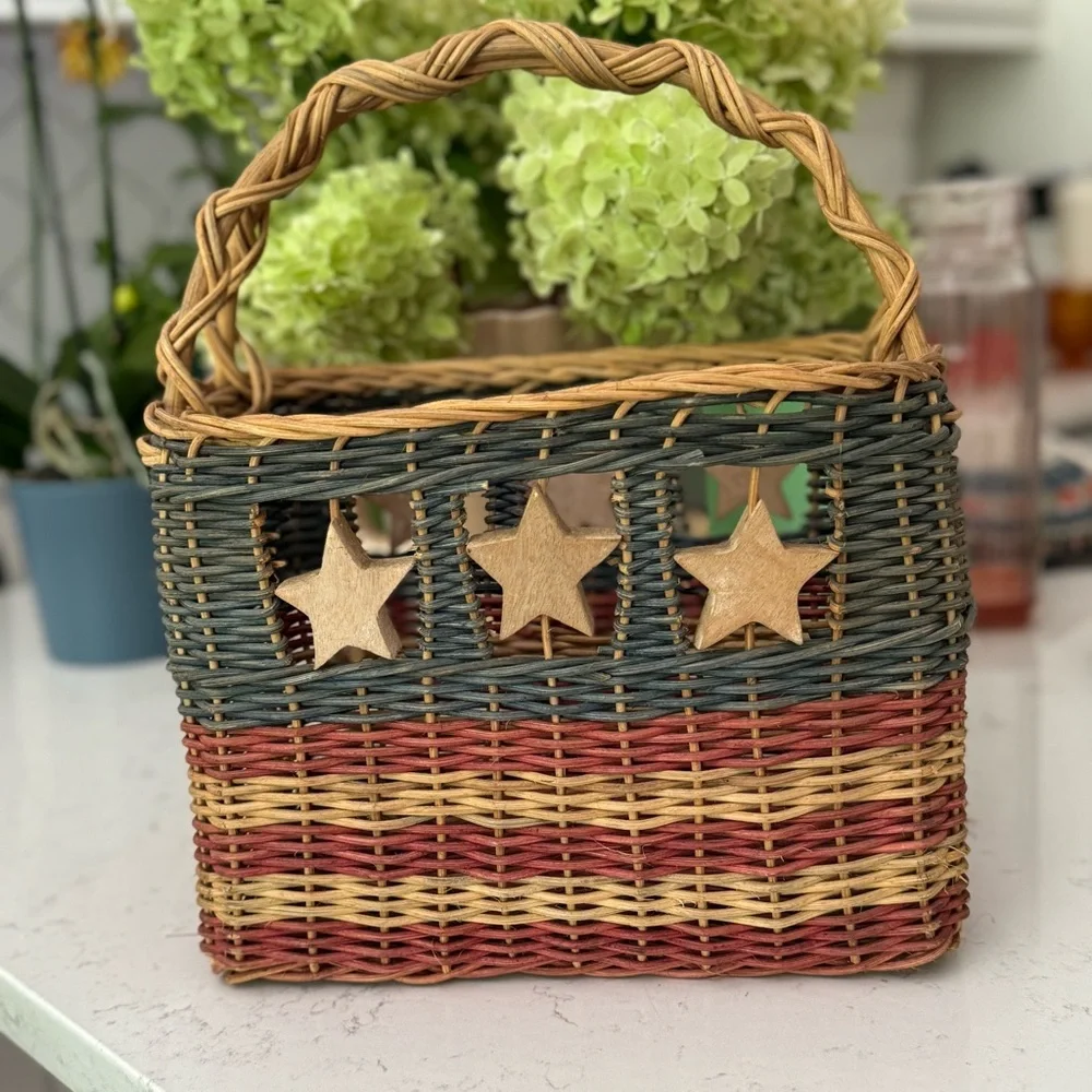 Vintage Basket Tied Hanging Wooden Stars 11” x 8”x 12”H w/ handle 4th of July
